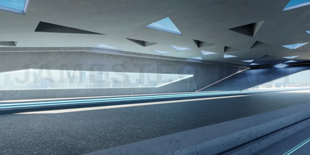 
3D empty aspahalt road and roof architecture with triangular ele