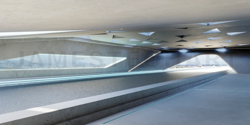 
3D empty aspahalt road and roof architecture with triangular ele