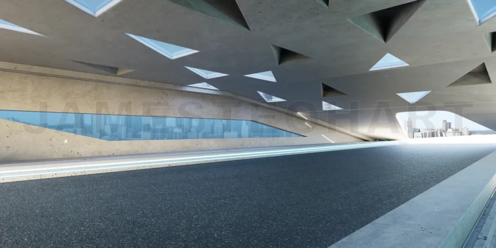 
3D empty aspahalt road and roof architecture with triangular ele
