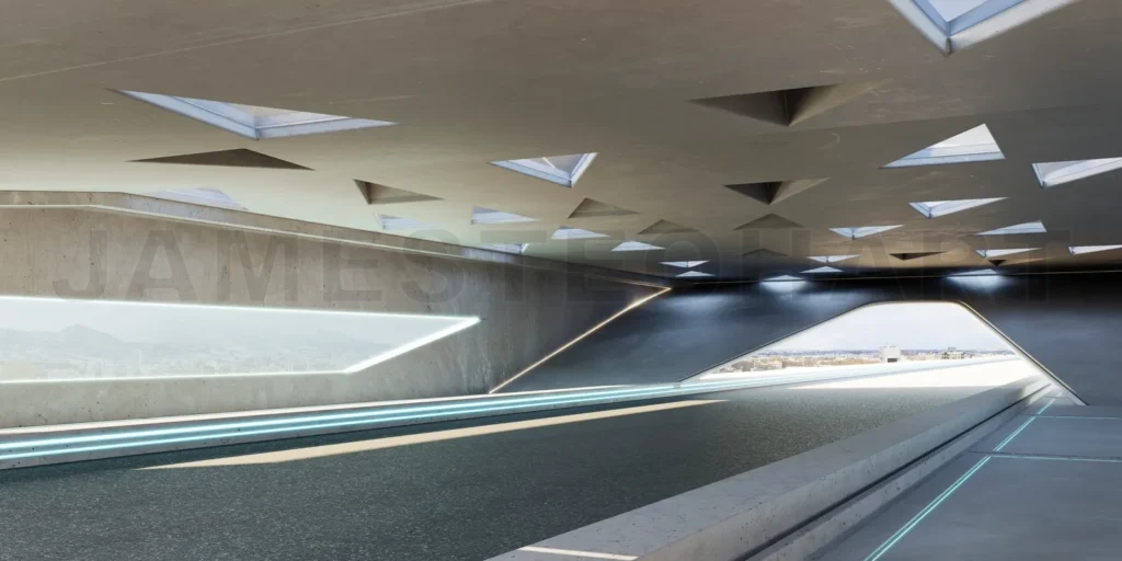 
3D empty aspahalt road and roof architecture with triangular ele