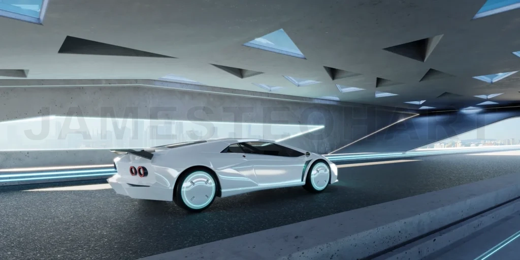 
3D Futuristic Electric Car park at asphalt road with modern tria