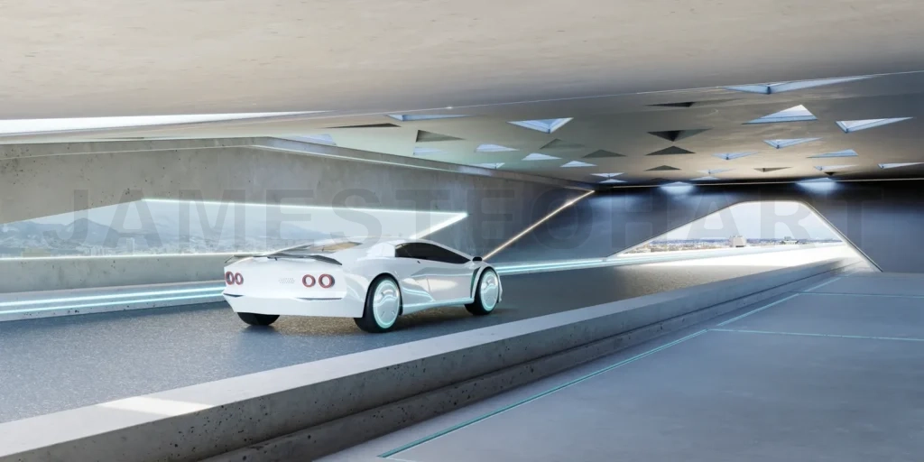 
3D Futuristic Electric Car park at asphalt road with modern tria