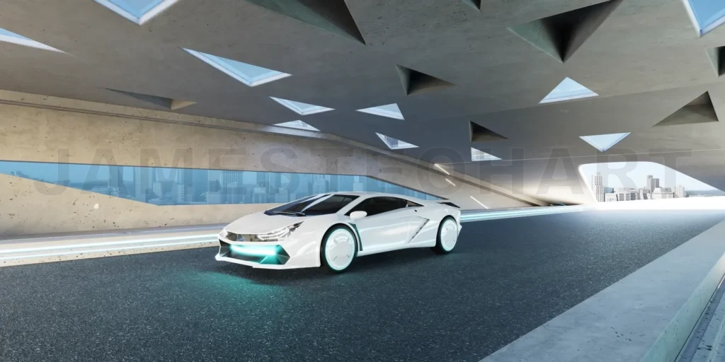 
3D Futuristic Electric Car park at asphalt road with modern tria