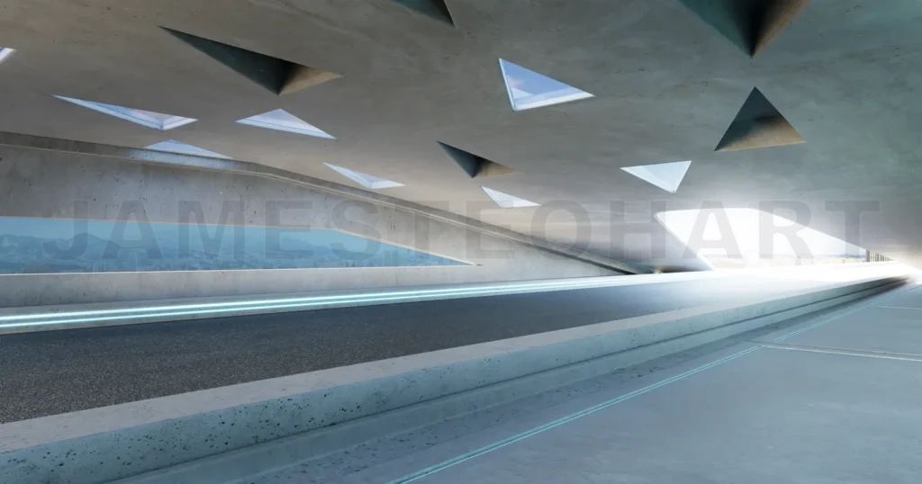 
3D empty aspahalt road and roof architecture with triangular ele