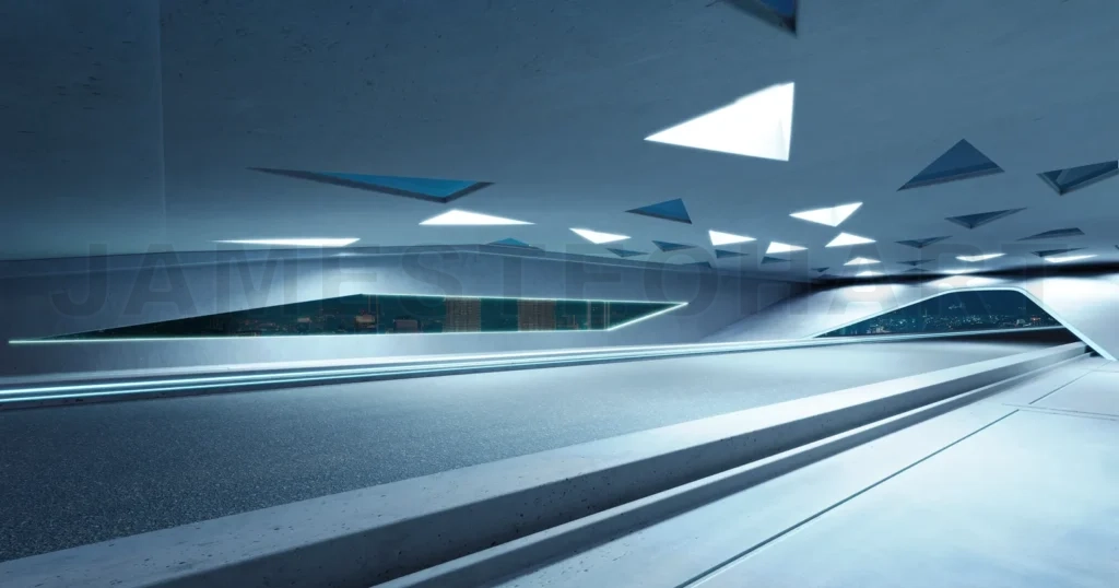 
3D empty aspahalt road and roof architecture with triangular ele