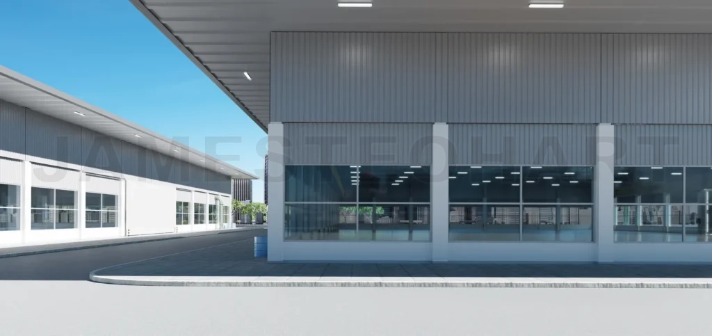 
Modern new factory building with empty asphalt floor