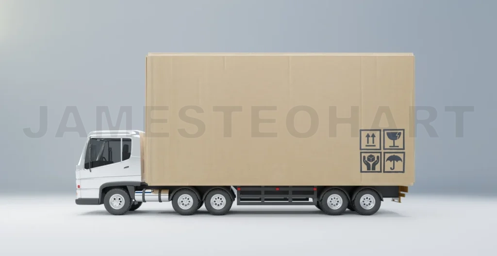 
Cargo Truck with big cardboard box package ready to be delivery
