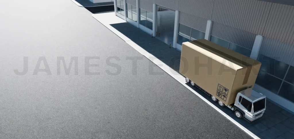 
Cargo Truck with big cardboard box package parking in front of t