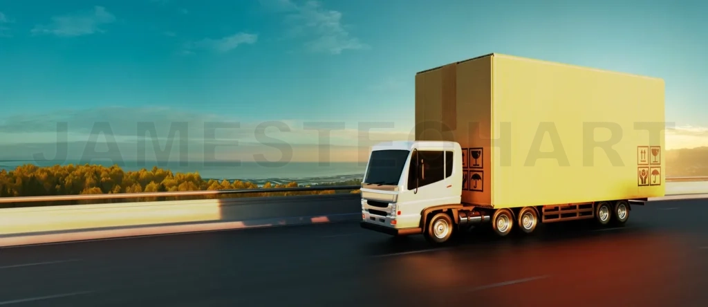 
Cargo Truck with big cardboard box package on the road