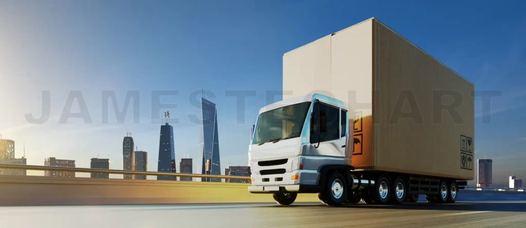 
Cargo Truck with big cardboard box package on the road