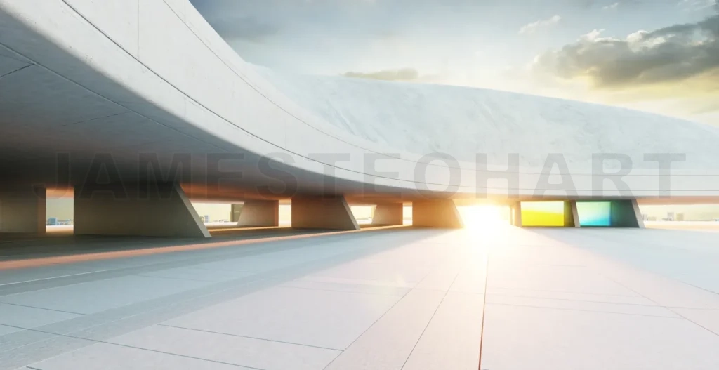 
3d rendering futuristic concrete building with colorful windows at sunset