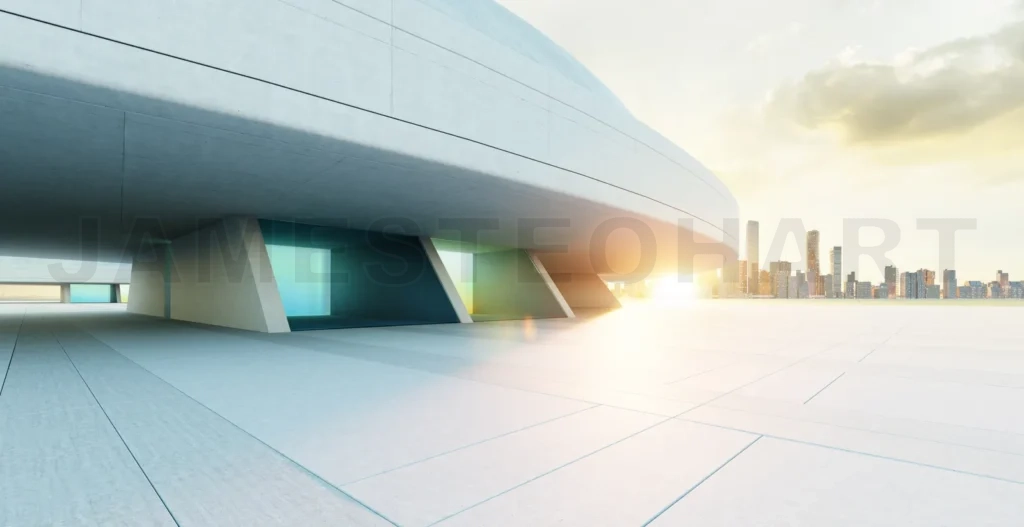 
3d rendering modern building overlooking city skyline at sunset