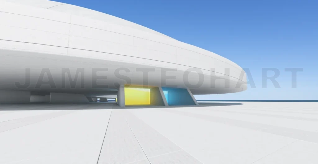 
3d rendering modern white concrete building with colorful windows overlooking the sea