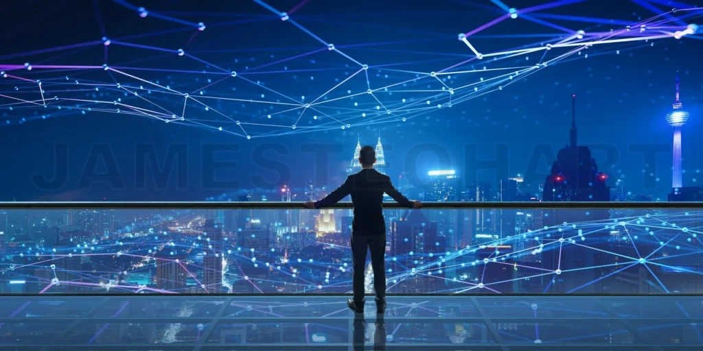 
Businessman standing at office with night Smart city