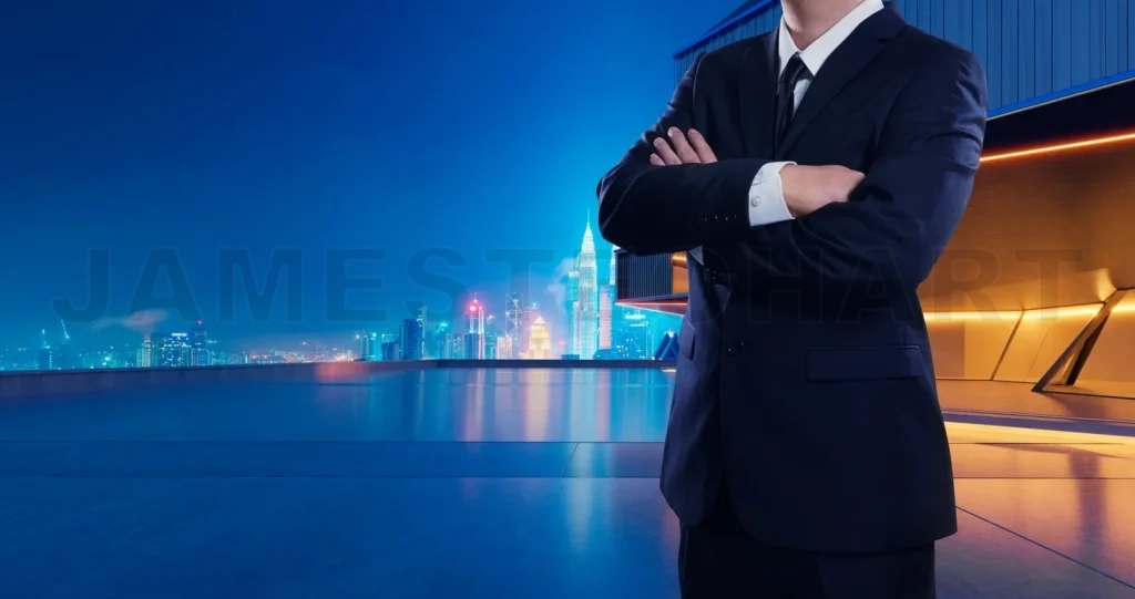 
Businessman standing with arms crossed on rooftop with city skyl