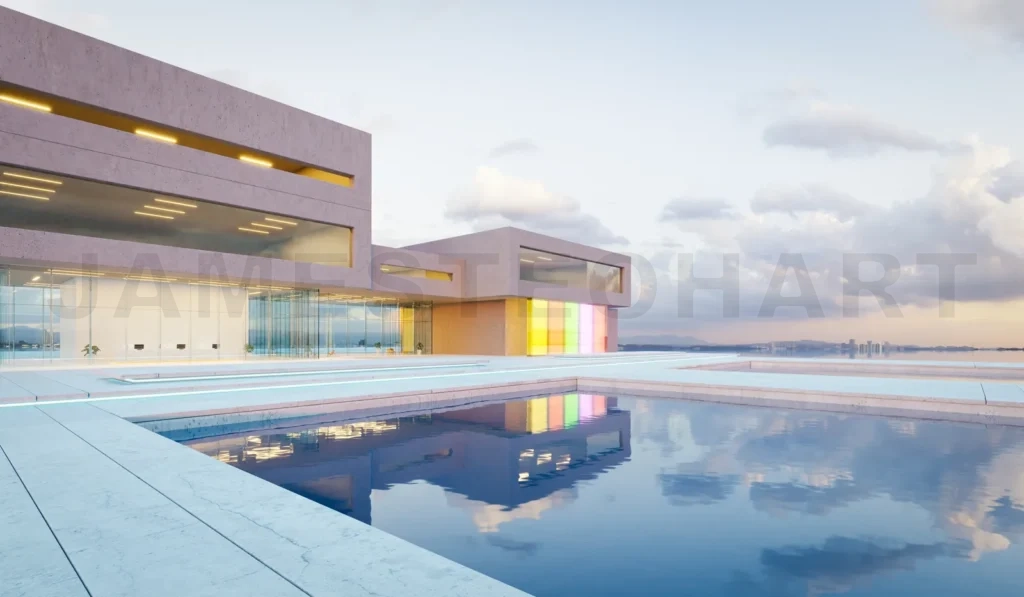 
3d Modern glass wall commercial buildings exterior