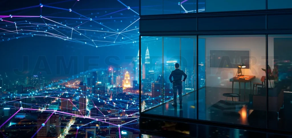 
Businessman observing smart city data network at night