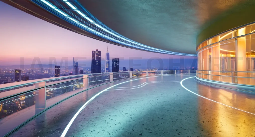 
3D futuristic curved shapes design metal facade office exterior