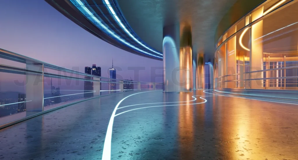 
3D The view captures a bustling city from a tall building, showc