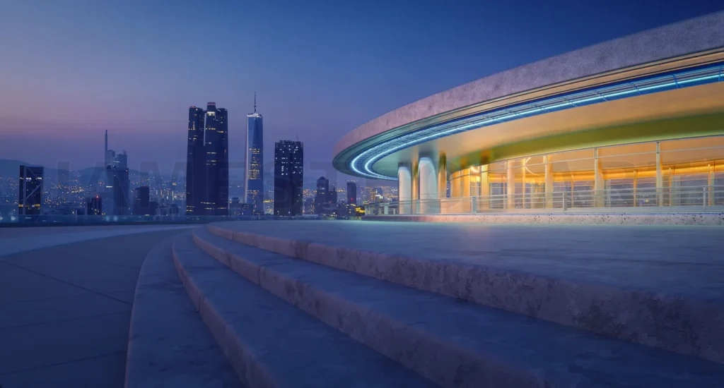 
3D Illuminated large building in city center