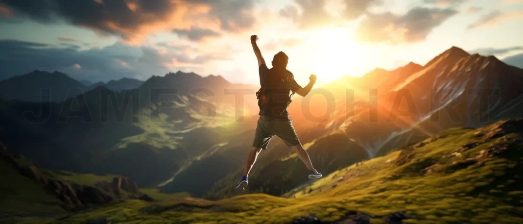 
Jumping man on the mountain peak