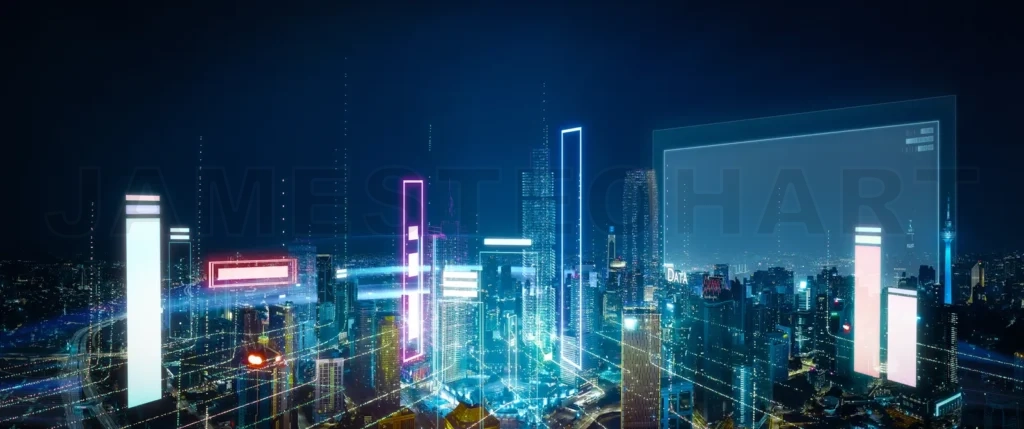 
3D render futuristic cityscape at night with illuminated virtual
