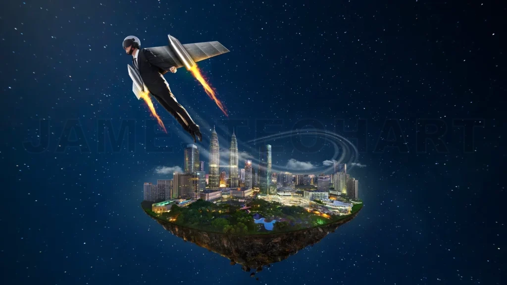 
Businessman flying with jetpack over kuala lumpur city on a floating island