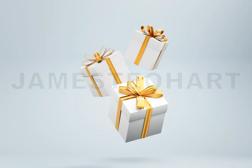 
White gift boxes with golden ribbons floating on light blue background