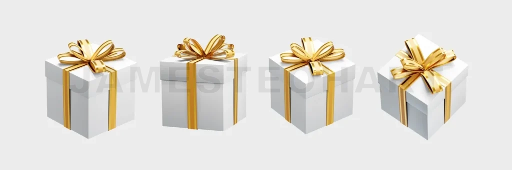 
Four white gift boxes with golden ribbon showing christmas spirit