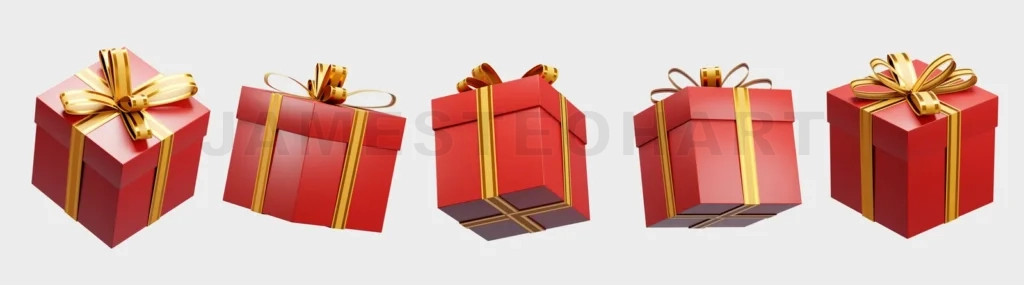 
Five red christmas gift boxes with golden ribbons rotating on white background