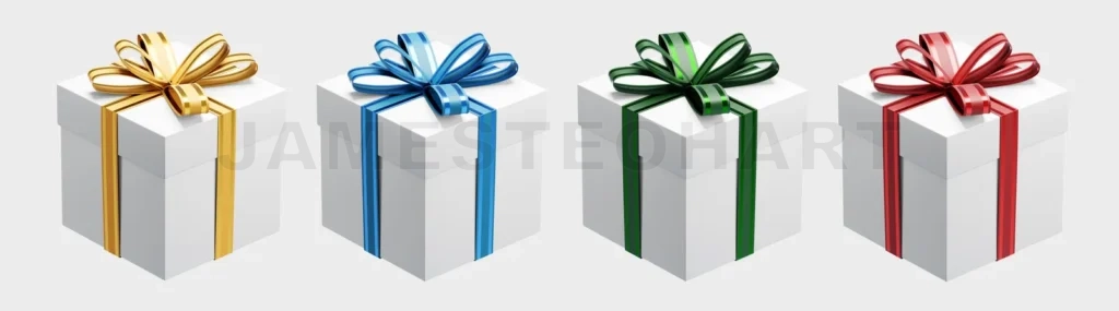 
Four white gift boxes with colorful ribbons celebrating christmas or birthday