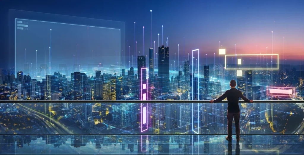 
Man standing in front of smart cityscape