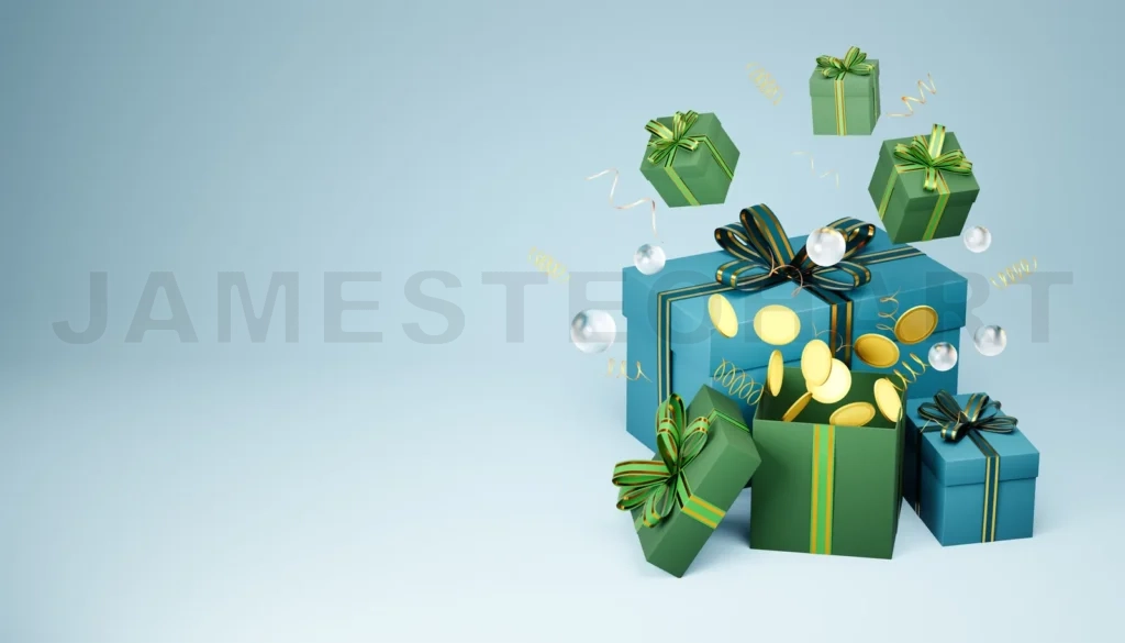 
Christmas gift boxes opening, revealing golden coins and festive surprise