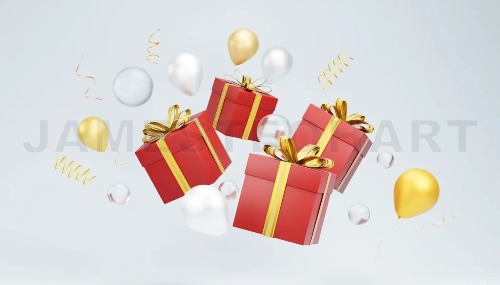 
Red christmas gift boxes and balloons floating on light blue background