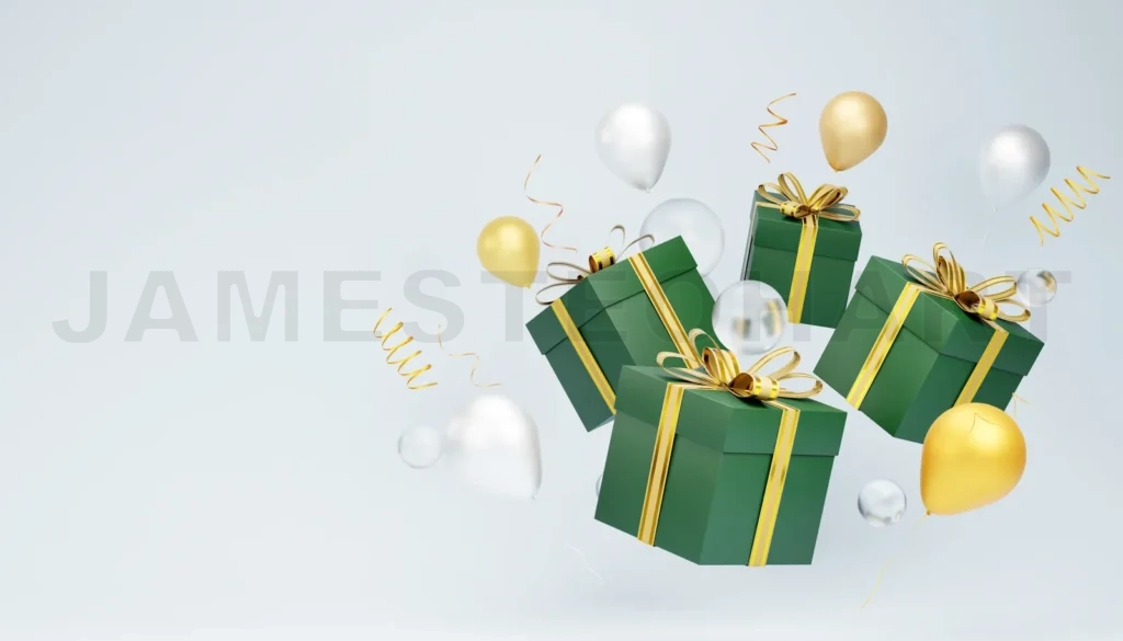 
Green christmas gift boxes floating with gold and silver balloons and streamers