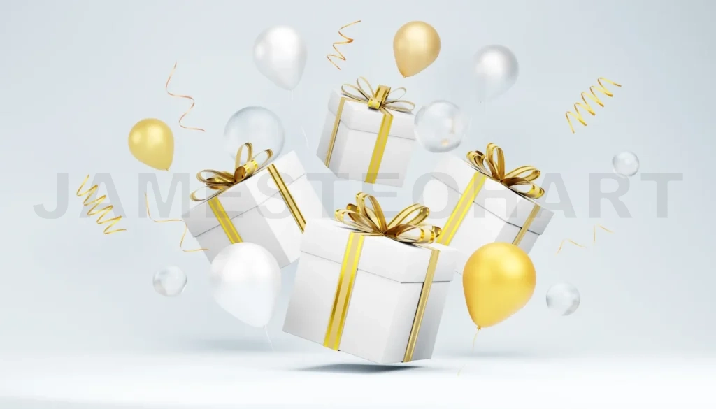 
White gift boxes with gold ribbons floating among balloons and confetti on light blue background