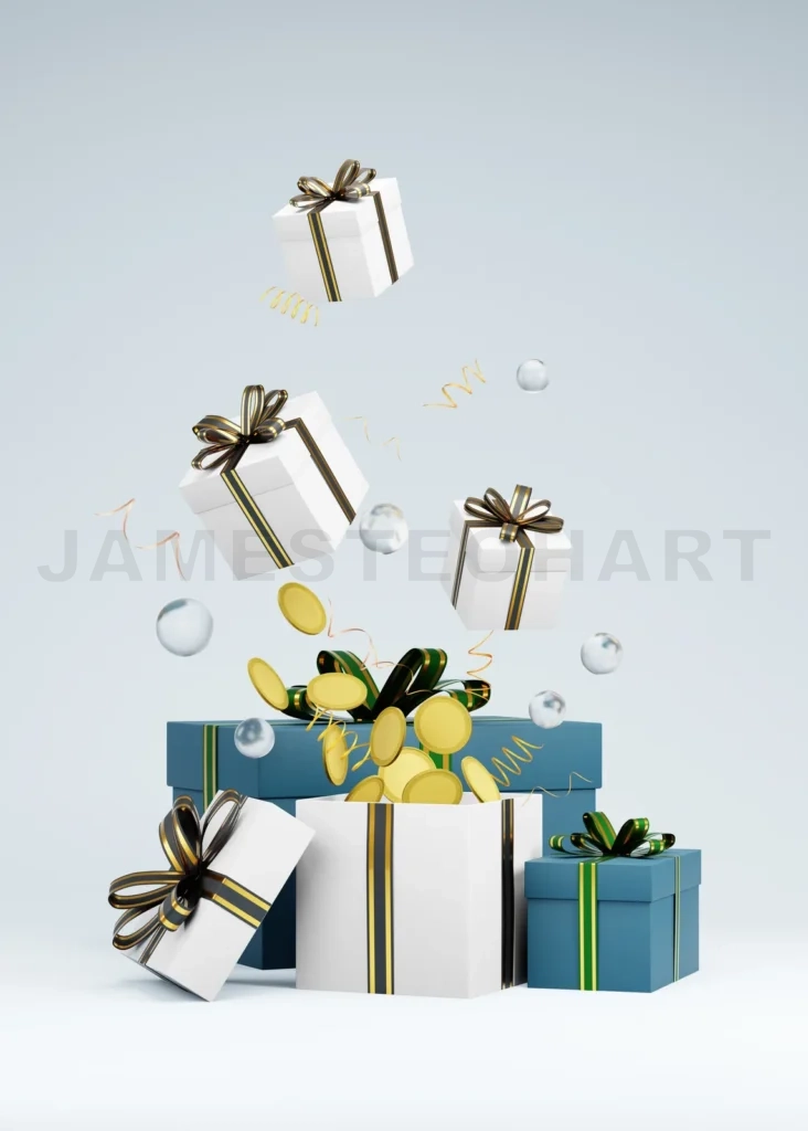 
Christmas gift boxes opening and revealing golden coins with festive decorations