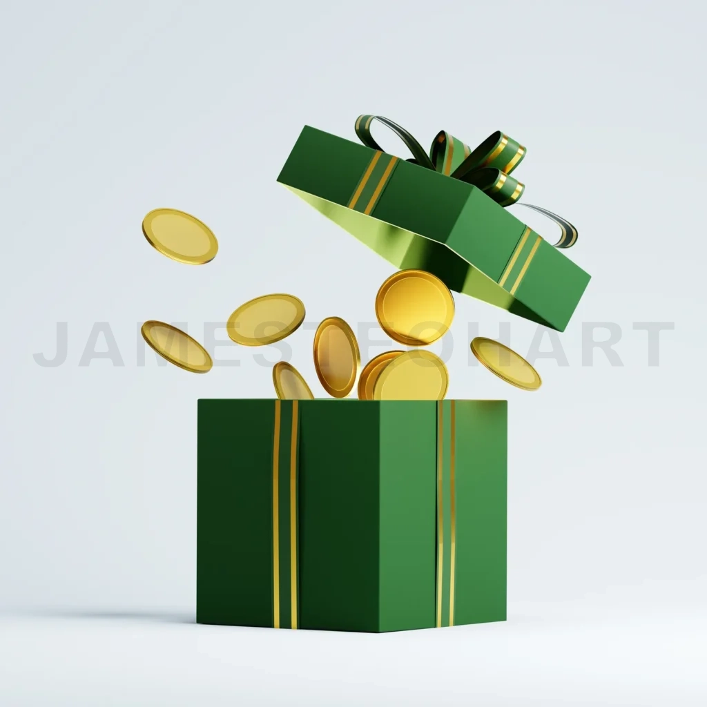 
Green christmas gift box revealing golden coins on white background