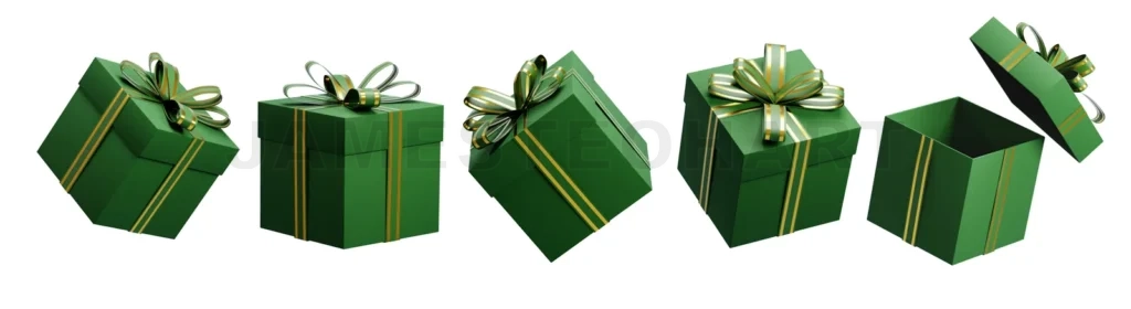 
Green christmas gift boxes with gold ribbon rotating on white background
