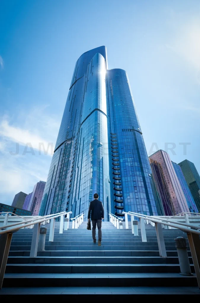 
Businessman walking up stairs to modern office building