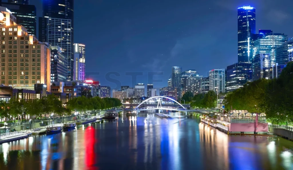 
Melbourne yarra river cityscape at night glowing