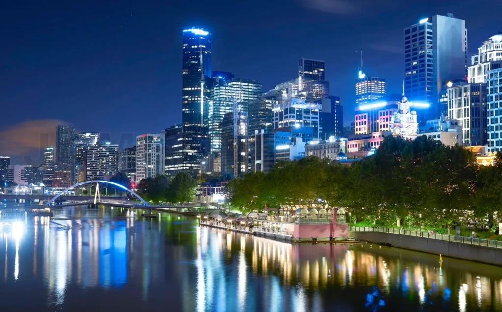 
Melbourne city skyline illuminating yarra river at night
