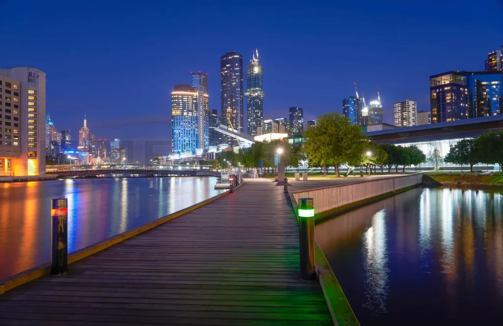 
Melbourne city skyline reflecting on yarra river at night