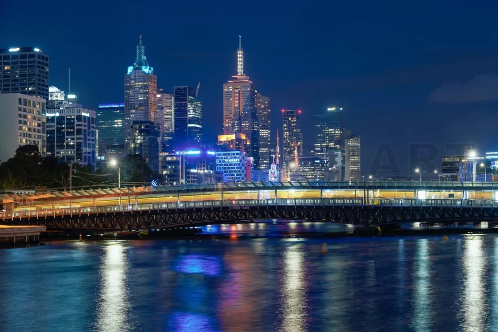 
Melbourne skyline at night with yarra river reflections