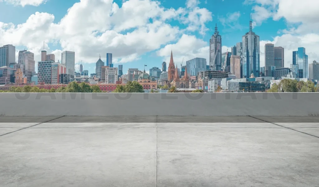
Melbourne central business district cityscape from modern concrete rooftop