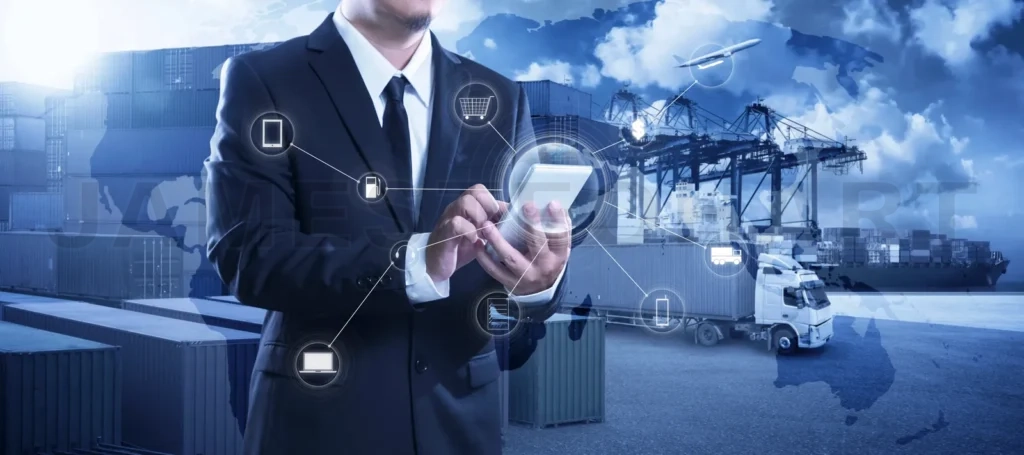 
Businessman managing global logistics network using digital tablet