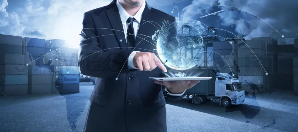 
Businessman managing global logistics and shipping network