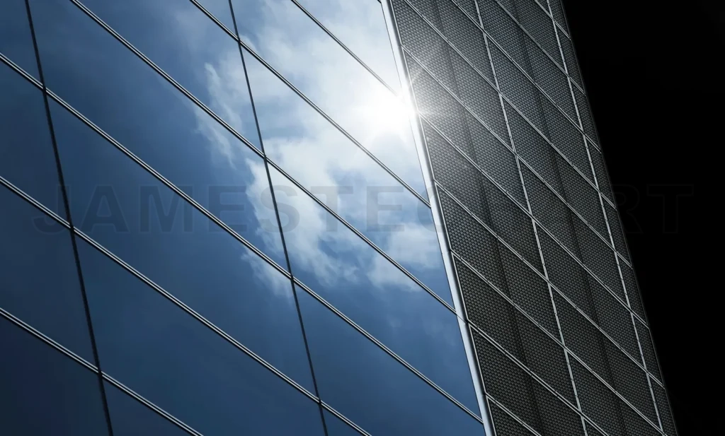 
Modern building glass facade reflecting sun and sky