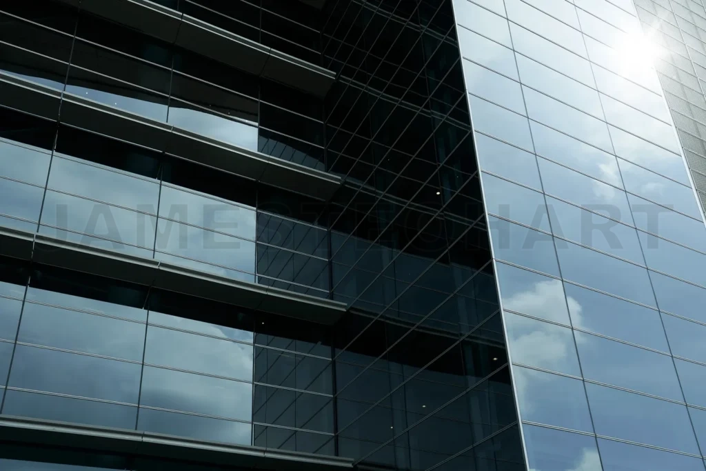 
Modern glass building reflecting blue sky and clouds