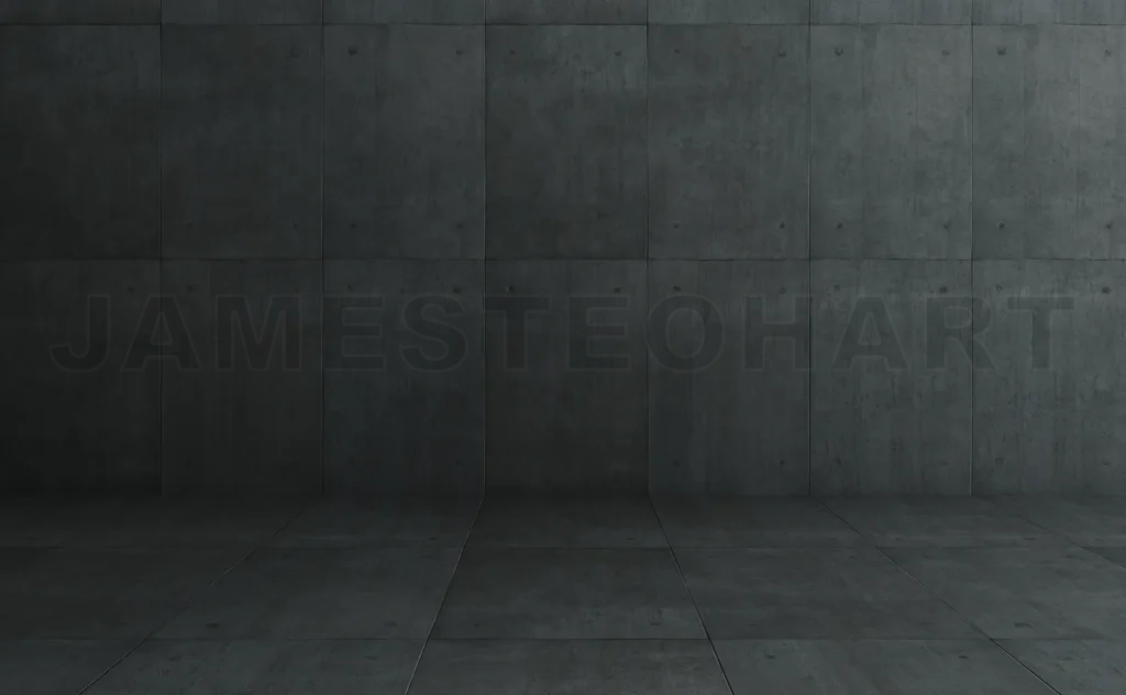
Dark gray concrete room with square panels
